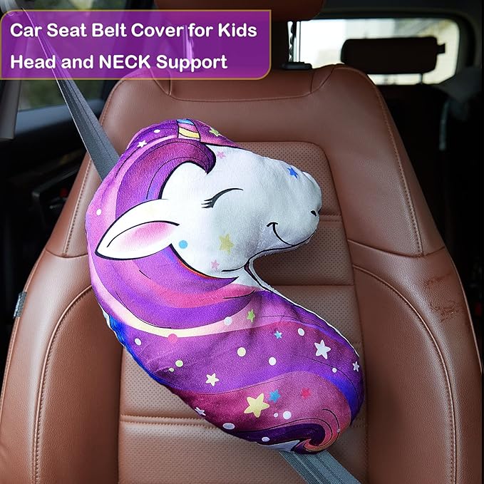 FIODAY Seat Belt Cover Pad for Kids Unicorn Seatbelt Pillow Soft Seat Belt Cover Car Pillow Toddler Travel Seat Strap Pad Neck Support for Girls Boys, Deep Purple