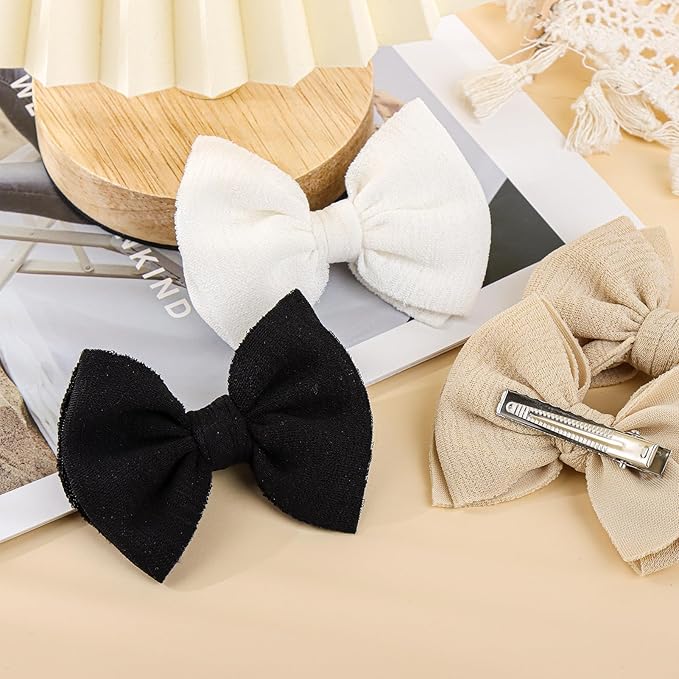 Baby Girls Hair 3'' Bows Clips Set Handmade Bow Hair Clips Hair Accessories Alligator Clip for Babies Infant Toddlers Little Kids 6 PCS Black White Beige