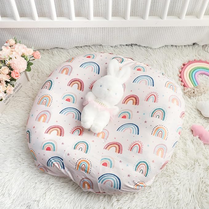 Newborn Lounger Cover for Girls Boys, Removable Soft Baby Lounger Cover, Reversible Infant Lounger Cover Minky, Pink Cute Rainbow (Only Cover)