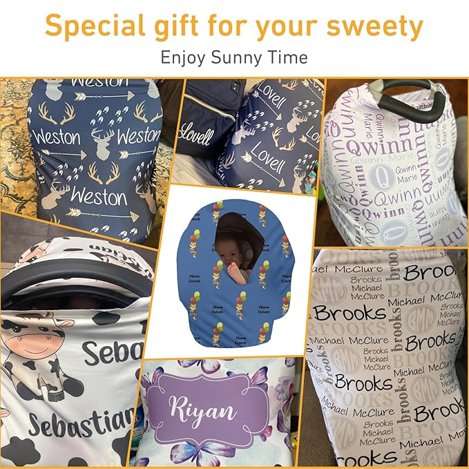 Personalised Car Seat Cover for Babies - Multi-use Carseat Canopy Cover with Name, Dark Blue Fox Print Car Seat Covers, Christmas Birthday Gifts for Infant Boys and Girls(27"x29")