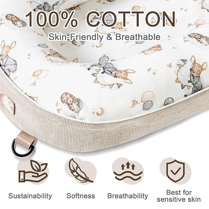 Baby Lounger-Infant Lounger for Newborn 0-24 Months, Portable Baby Nest for Home and Travel, 3 in 1 Newborn Lounger with Pure Cotton Cover, Breathable & Soft Infant Nest for Boys & Girls