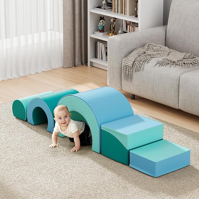 Lischwert Foam Climbing Blocks, Soft Climbing Toys for Toddlers, 5 Pieces Crawl and Climb Foam Playset with Foldable Block and Tunnel, Indoor Climber Activity Play Set for Kids Age 1+