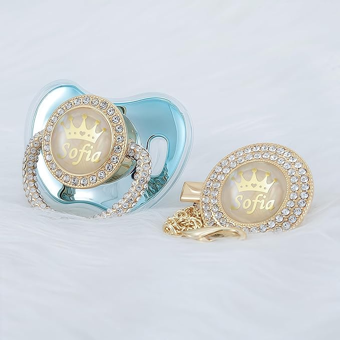 Personalized Name Anniversary All Bling Pacifier and Clip Set Gold Plated New Born Gift Photography No for Daily Use (Gold Blue)