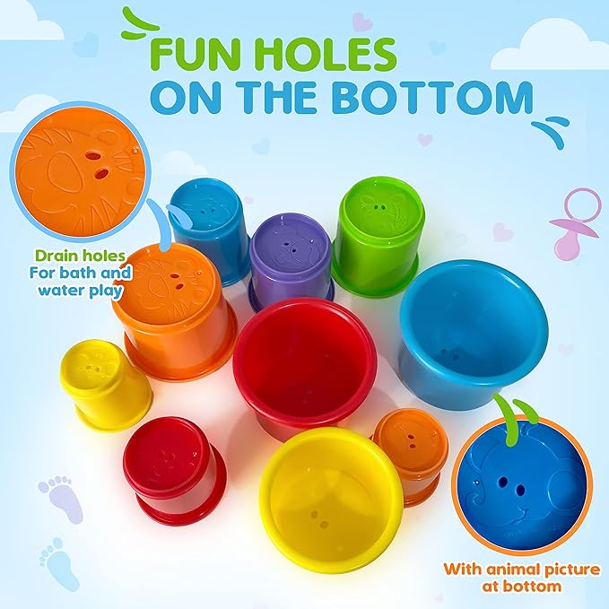 KIDSTHRILL Rainbow Colors Baby Stacking Cups for Toddlers, Tall Baby Stacking Toys Nesting Cups, Drain Holes for Bath Toys, Educational & Motor Skills Sorting & Nesting for 1 2 3 Years Old