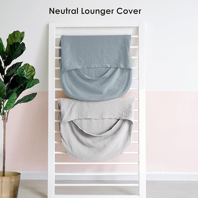 MairMore Muslin Baby Cover for Newborn, Soft and Breathable 100% Cotton Lounger Slipcover Neutral, Pack of 2(Blue, Grey)