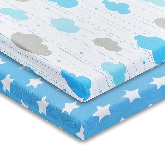 EVERYDAY KIDS 2 Pack n Play Mattress Sheets – 100% Jersey Knit Cotton Soft Portable Crib for Boys with Blue Gray Celestial Star and Cloud Designs; Pk Playpen or Mini Fitted Sheet Set Stars/Clouds