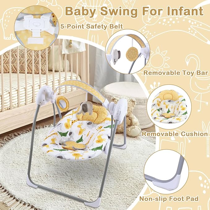 Baby Swing for Infant,Newborn Swing with Music,5 Speed Levels,Timing Setting,Soft Cushion,Foldable Infant Swing with Hanging Elephant Toy & Mirror for Indoor Outdoor Use 0-9 Months