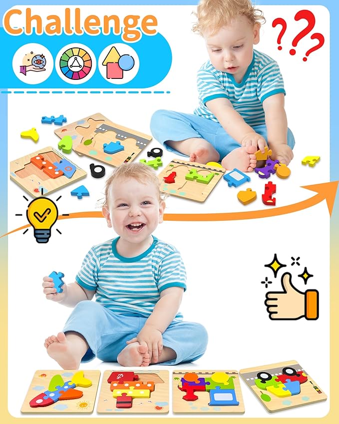 Wooden Puzzles Toddler Toys for Boys Girls, 4 Vehicle Shape Learning Educational Blocks Birthday Gifts Sensory Toy Montessori Toys