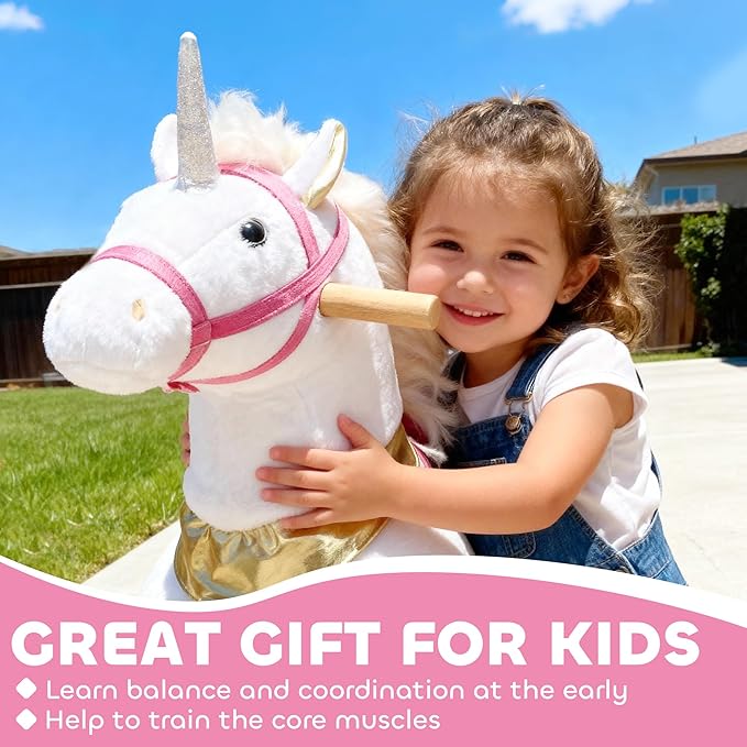 Qaba Ride on Horse for Kids 3-5 Years, 29.5 Inch Height Plush Riding Unicorn, Walking Horse Animal with Rolling Wheels for Active Play, No Batteries Required, White