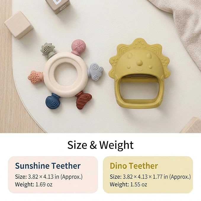 Baby Teething Toys 2 Pack, Dinosaur Mitten Teether and Ring Sun Teether with 6 Chewing Points, Silicone Chew Toys for Infants 0-6 6-12 Months, BPA Free Soothing Gum Relief Set (Yellow)