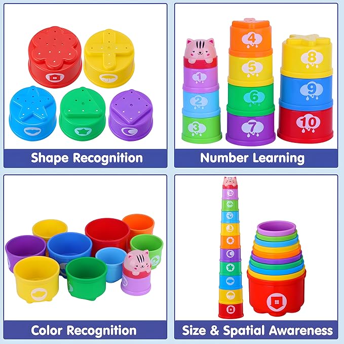 WEEJOYGAM Baby Stacking Cups, Nesting Stacking Toys for Toddlers 1-3, Infant Easter Basket Stuffers Birthday Gift 6 9 12 18 Month 1 Year Old Boy Girl, Kids Montessori Sand Bath Stackable Block Age 1-2