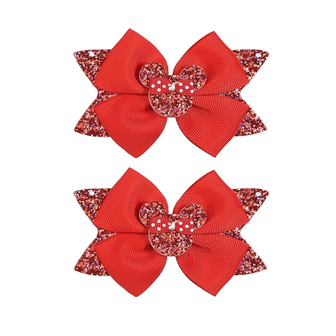 4.5 Inch Cute Mouse Ears Sequins Bows Hair Clips For Baby Girls, Toddler, Kids and Young Women Birthday Party Wedding Christmas Occasions Set of 2 (B- Red)