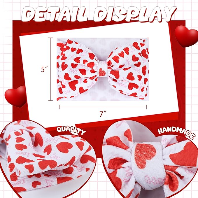 YanJie 7'' Baby Bow Headbands Red Valentines Wide Handmade Heart Pink Headbands and Bows for Newborn Girls Valentine Outfit Baby