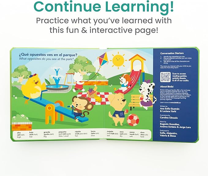 Binibi Opuestos en el Parque – Bilingual Musical Sound Book for Kids 3–5, Learn Opposites in Spanish & English, Interactive Learning Book. Libro en Español para Niños.