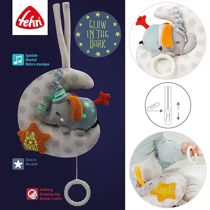 Fehn 053067 Musical Box Elephant in The Moon - Cuddly Toy & Sleep Aid with"Glow-in-The-Dark" Embroidery - Wind Up Music Box with Melody"The Moon is Up" - for Babies from Birth
