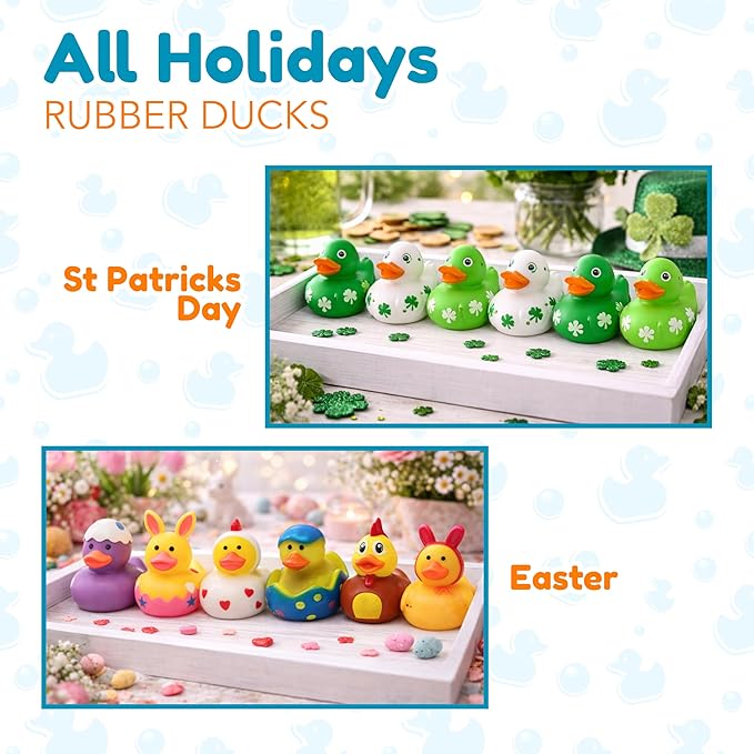 4E's Novelty Rubber Ducks for All Holidays, Bulk Pack of 42 - Includes 6 of Each Holiday, St Patricks Day Duckies, Easter, July 4 Ducks, Bath Toys for Kids, Gift for Jeep Owners, Jeep Ducking