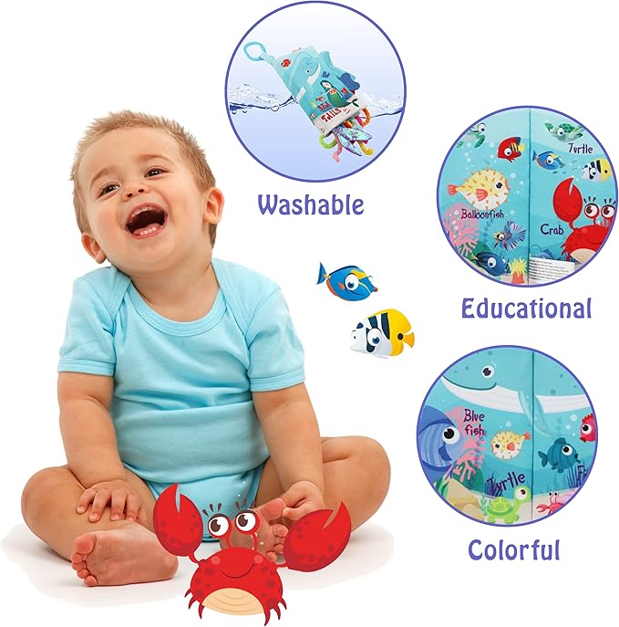 bebe mondo Fish Crinkle Baby Books 0-6 Months, Newborn Infant Tummy Time Toy High Contrast Sensory Baby Toys 6 to 12 Months Touch Feel Books, Shower for Boy Girl 1 Year Old, Shark