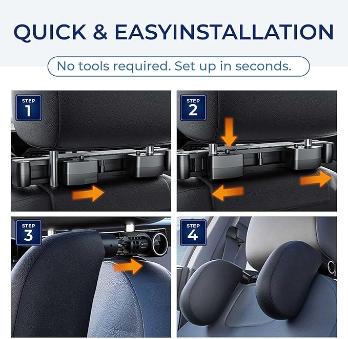 Adjustable Car Headrest Pillow, Road Pal Neck Support, Memory Foam U-Shaped Travel Sleeping Pillow for Kids & Adults, Head Neck Support for Car Seat Head Rest with Poles, Black
