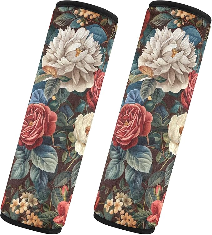 CHIFIGNO Vintage Roses and Peonies Seat Belt Covers 2 Pack Soft Car Seat Straps Cover Seatbelt Shoulder Pad for Adults Women Kids