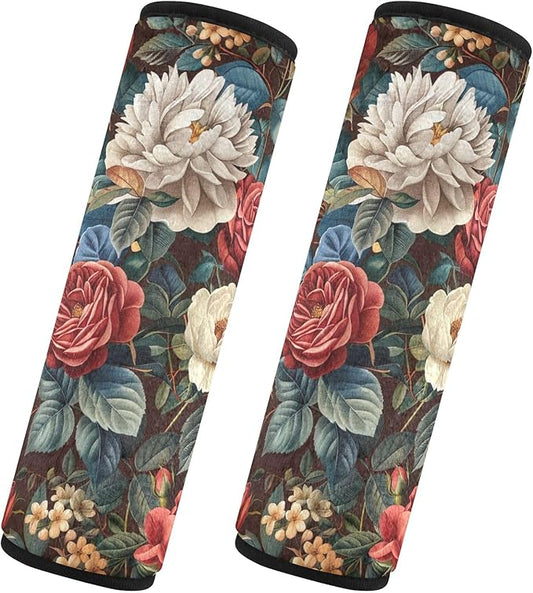 CHIFIGNO Vintage Roses and Peonies Seat Belt Covers 2 Pack Soft Car Seat Straps Cover Seatbelt Shoulder Pad for Adults Women Kids