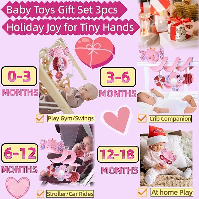 Baby Toys 0-6-12 Months Spiral Car Seat Toy, Infant Stroller Hanging Rattle Stuffed Animal Newborn Girl Boy Gift Easter Basket Stuffers Mirror Pink Elephant 3PCS