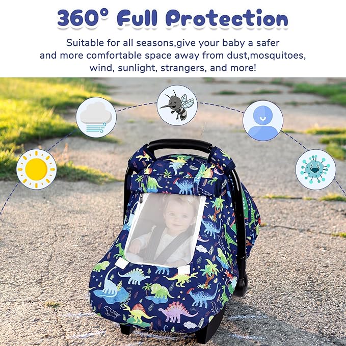 Baby Car Seat Cover, Windproof Carseat Cover for Infant Boys, Infant Breathable Carseat Canopy, Compatible with Most Baby Car Seat, Dinosaur