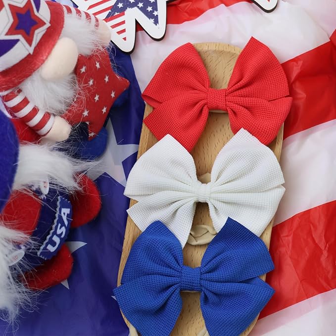 4th of July Baby Girls Bows Elastic Nylon Headbands Red Bows for Baby Girls Toddler Hair Bows Accessories Blue Newborn Bows for Infant Toddlers Kids (4.5 Red White Blue)