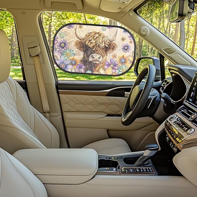 Bulopur Highland Cow Car Window Shades 2 PCS Sun Shades for Back Windows Dahlia Floral Baby Car Seat Sun Protection Easy to Install Mesh Car Window Covers Universal Sunshade Sunvisor