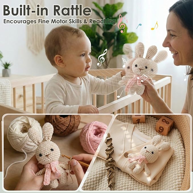 Crochet Sensory Rattle for Baby Early Development - Amigurumi Grip Toy - Soft Cotton Texture Shaker for Fine Motor Skills & Tactile Play - Newborn Essentials (Bunny & Giraffe)