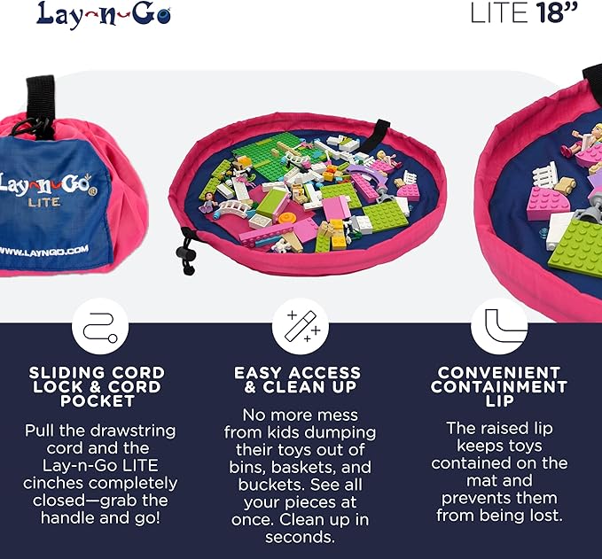 Lay-n-Go Layflat Portable Drawstring Cinch Storage Toy & Mini Figures Organizer & Play Mat, Mesh Pockets, Home & Travel, Kids & Toddlers Playdates, 2 Straps for Backpack, Durable, Machine Washable