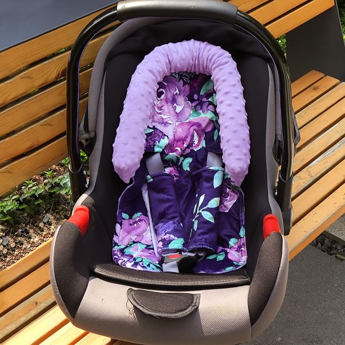Baby Car Seat Head Support for Girls, Infant Carseat Insert Super Soft Fleece Newborn Headrest Seatbelt Covers for Car Seat, Stroller, Bouncer, Purple Flower