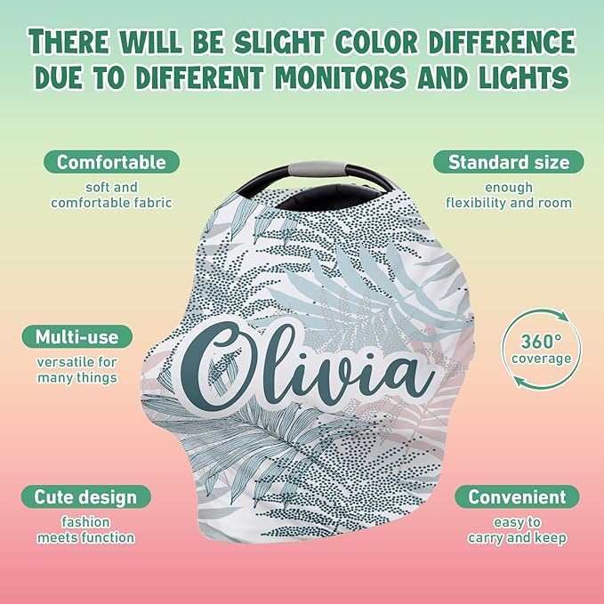 Custom Name Car Seat Canopy - Baby Car Seat Covers, Infant Stroller Cover, Grey Leaf Carseat Canopy Christmas Birthday Gifts for Girls and Boys