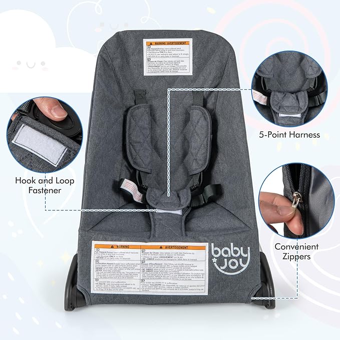 BABY JOY Baby Bouncer, Foldable Bouncer & Stationary Seat with 5-Point Safety Harness, Removable Fabric Cover, Portable Infant Bouncer Seat for Newborns Baby 0-6 Months (Dark Gray)