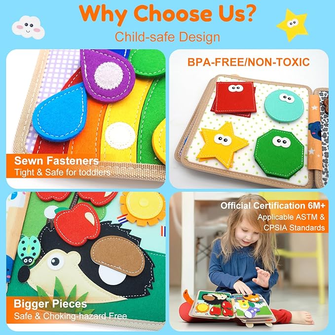 Busy Book for Toddlers 1-3, Felt Animals Busy Board for 1 Year Old Montessori Toys, Peekaboo Quiet Book, Airplane Travel Toys, Educational Learning Activity, Birthday Gifts for Boys & Girls