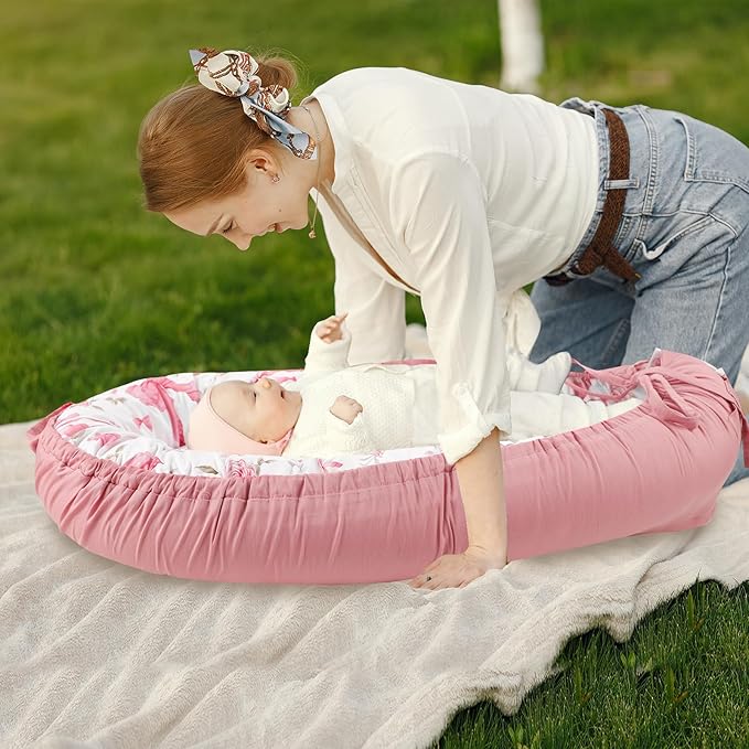 Baby Lounger Cover for Boys Girls, Reversible Baby Nest Cover, Adjustable Baby Lounger Replaceable Cover for Infant Newborn, Portable and Machine Washable, Cotton Pink Rose Cover Only