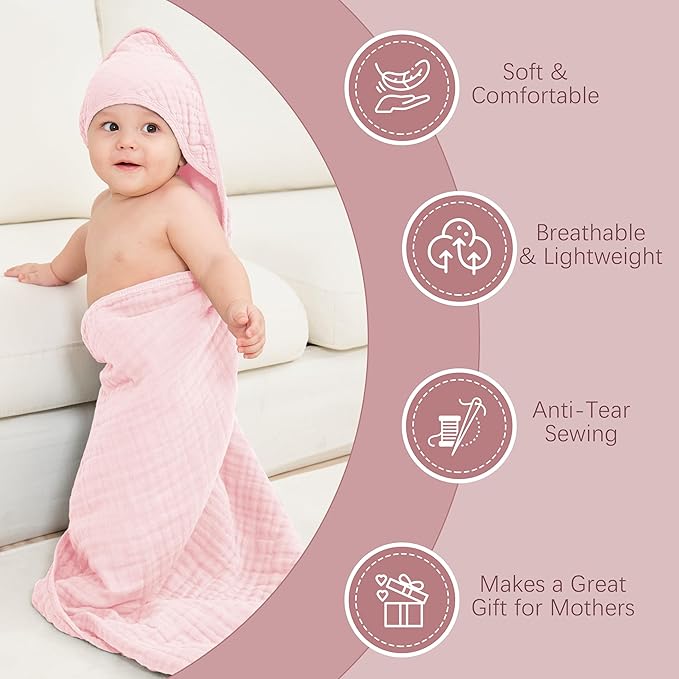 MOON PARK 2 Pack Muslin Hooded Baby Bath Towels for Newborns, Infants, Toddlers - 100% Cotton - Large 32x32Inch Size - Highly Absorbent and Essential, White and Pink