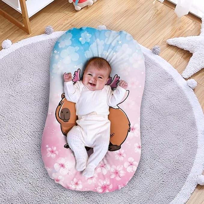 Capybara Axolotl Baby Lounger Cover for Boys Girls, Cherry Blossoms Newborn Infant Lounger Covers 31.5'' x 21.3'' Soft and Breathable Nest Replacement Slipcover
