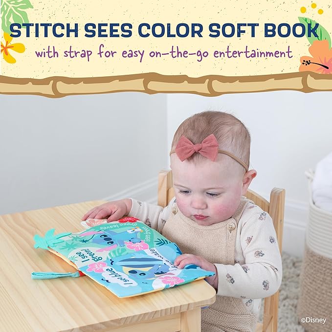 Kids Preferred Disney Baby Lilo & Stitch Sees Color Soft Book, On-The-Go Sensory Books for Babies with Crinkle Pages, Ribbons, Rings, Stroller Hook
