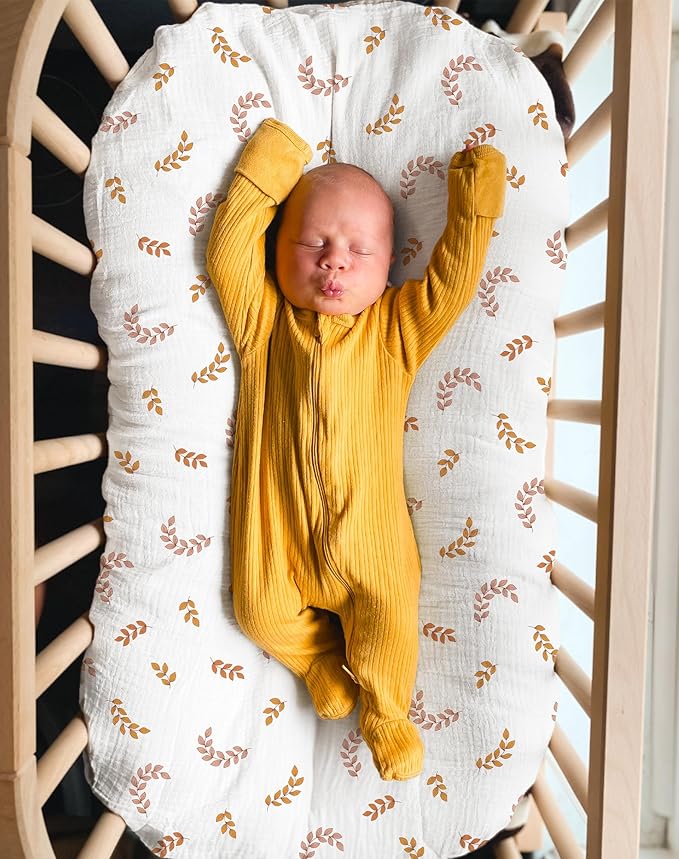 Muslin Baby Lounger Cover, Soft Breathable Newborn Lounger Pillow Cover for Boys Girls Infant (Leaf)