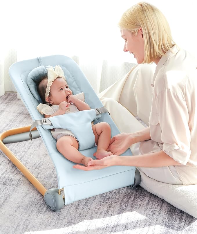Fodoss Baby Bouncer, Portable Bouncer Seat for Babies, Portable Bedside Bassinet with Wheels-Blue