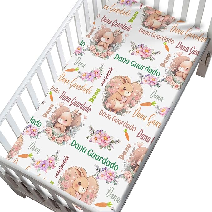 Personalized Pack and Play Sheets with Name, Custom Cute Bunny Rabbits Mini Crib Fitted Sheet for Baby Girls, Customized Multiuse Sheets for Pack & Play, Playard, Playpen, Mini Crib Mattress