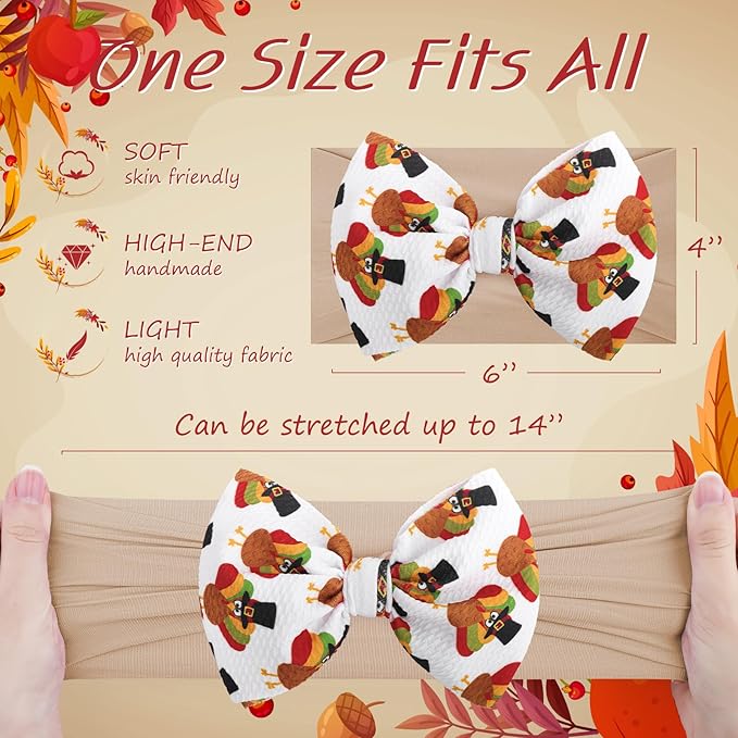 Thanksgiving Fall Baby Girl Bows Turkey Headbands for Baby Girls Waffle Knotted Bows Handmade Infant Headbands 2PCS Autumn Holiday Gifts