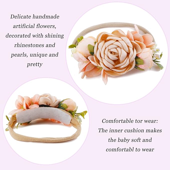 Baby Girl Flower Headband 4 PCS Elastic Hairbands Handmade Nylon Bows Headbands Chic Floral Hair Accessories Kids Gifts for Newborn Infant Toddlers