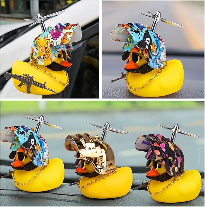 wonuu Rubber Yellow Duck Car Ornaments Cool Duck Car Dashboard Decorations with Propeller Helmet Sunglasses (Underwater World-Yellow G)