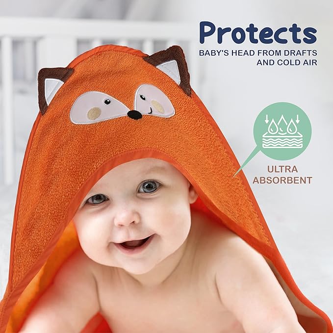 Mother's Choice 100% Organic Cotton Baby Hooded Towel – Ultra-Soft & Absorbent Baby Bath Towels for Newborn with 3D Orange Fox Design