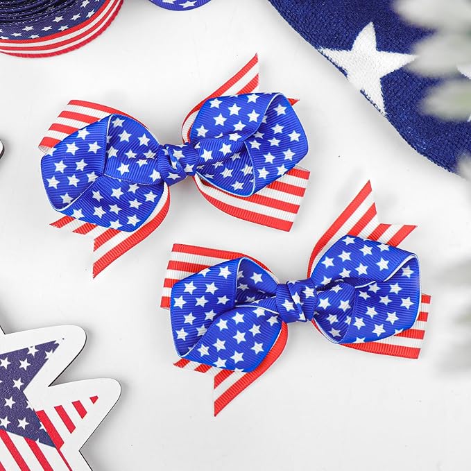 YanJie 4'' 4th of July Bow 2pcs Hair Clips American Flag Hairgrips Girls Patriotic Barrette Red Blue Hair Clips Independence Day Hair Accessories