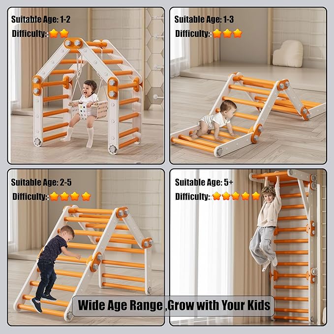 Slide Compatible Toddler Climbing Toys,Kids Pikler Triangle Set,Multifunction Foldable Indoor Kids Gym(Orange)