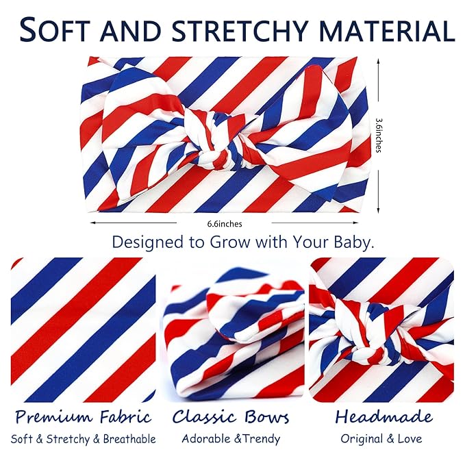 LemonSpace Handmade 4th of July Accessories,USA Baby Bows Premium Stretchy Soft Newborn Infant Baby Girls Boys Wraps Toddler Headbands Trendy and Classic Designs (Flag Star Print)