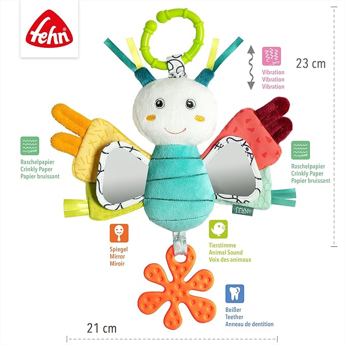 Fehn Activity-Schmetterling – Motorikspielzeug für Stroller, Kinderbett & Babyschale – zum Beißen, Greifen, Geräusche erzeugen – für Babys & Kinder ab 3+ Monaten