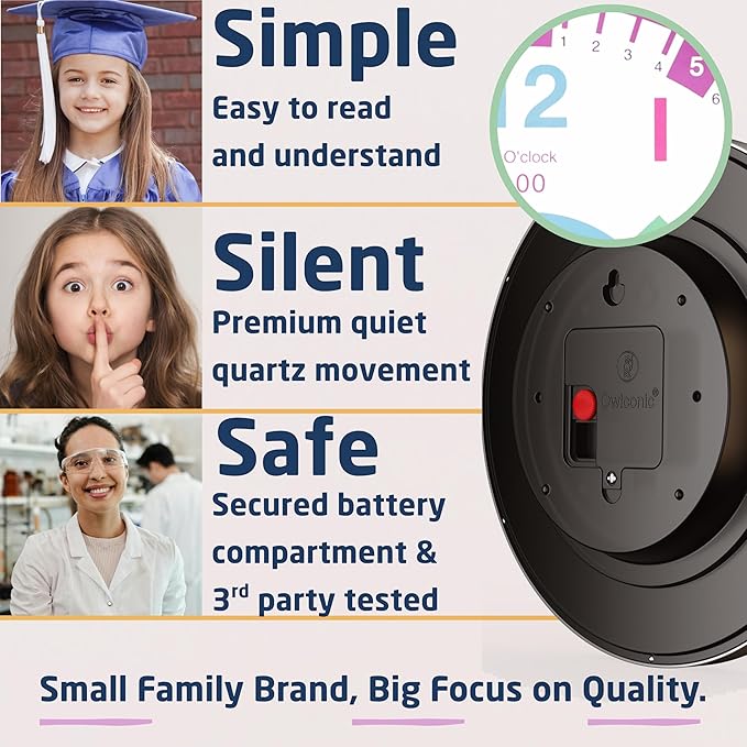 OWLCONIC Clock for Kids – Educational Analog Learning Wall Clock, Non Ticking Teaching Clock for Classroom & Homeschool, Silent Kids Bedroom Décor Pastel Pink